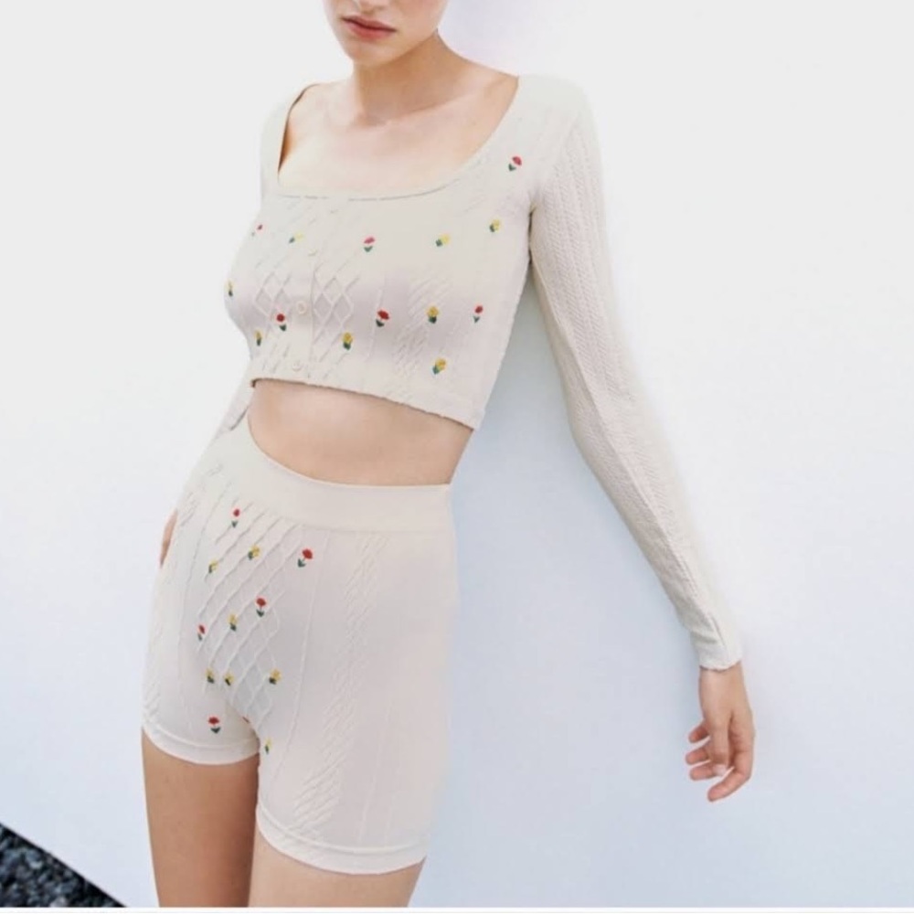 Zara Limitless Contour Collection Cable Knit Embroidered Ribbed Biker Shorts NWT